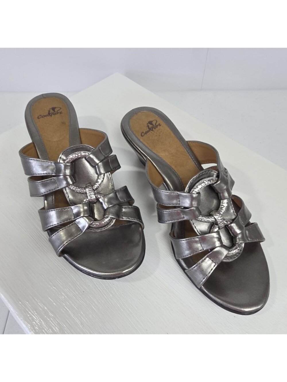 I Love Comfort Sandals Womens Size 9 Silver Rhinestone Slide Wedge Heels Shoes